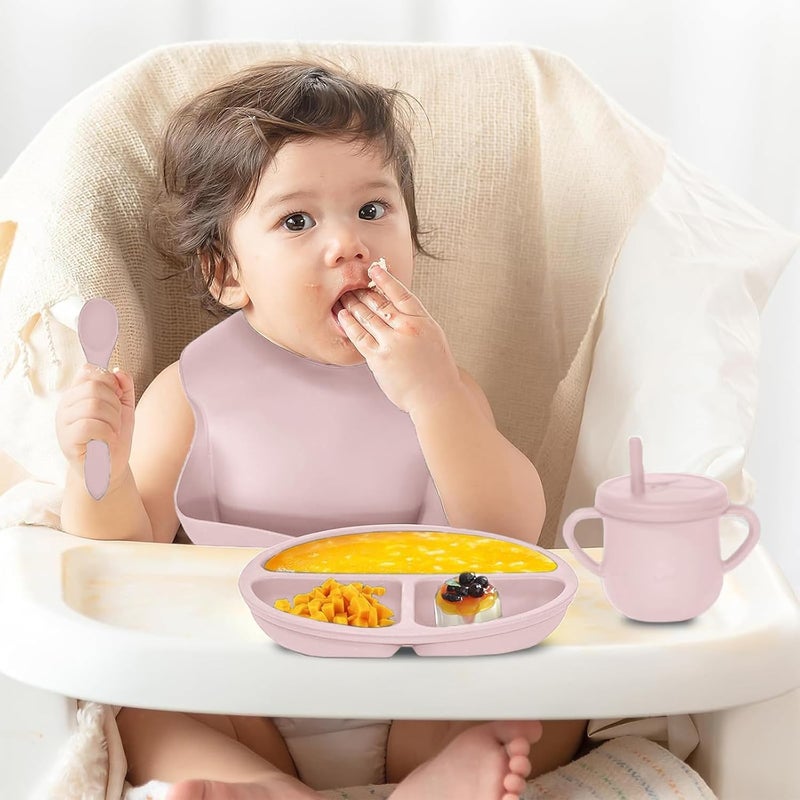 Dormlony 100% Silicone baby feeding set,BPA free Baby dishes set with Suction Bowl Divided Plate,Toddler Self Feeding Dish Set with Spoons Forks Sippy Cup And Bib, Baby Eating Utensils (Lilac) - Image 2